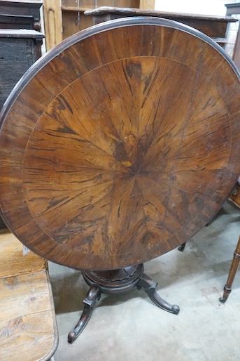 An mid 19th century yew wood circular centre table, diameter 104cm, height 71cm